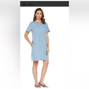 Martha Stewart-S- Blue denim, raggedy, Chloe, short sleeve, pockets, Mini Dress.